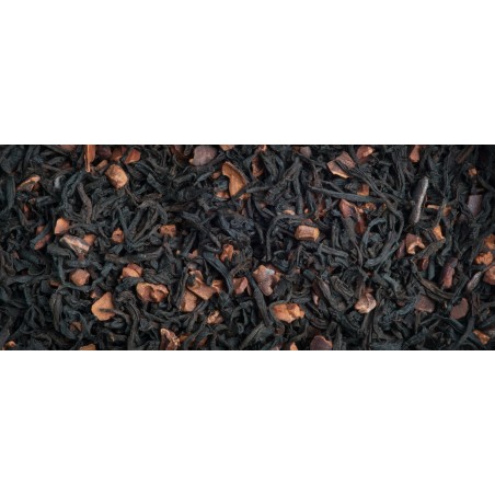 Black tea with chocolate and cocoa beans.