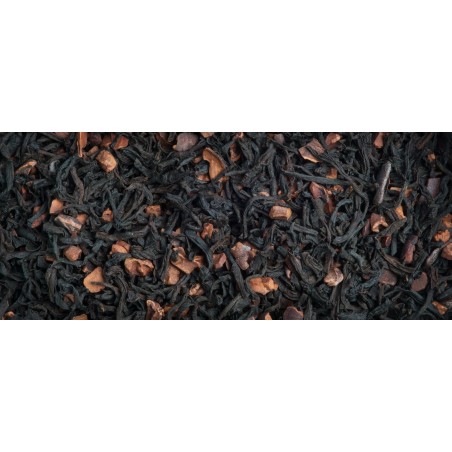 Black tea with chocolate and cocoa beans.